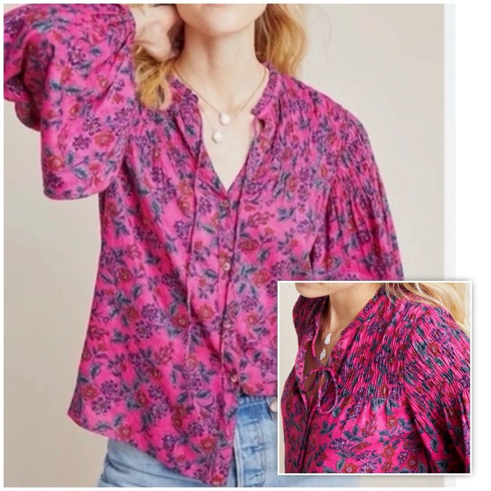 Maeve Anthropologie Blouse Women S Pink Floral Smocked Boho Peasant Cottagecore